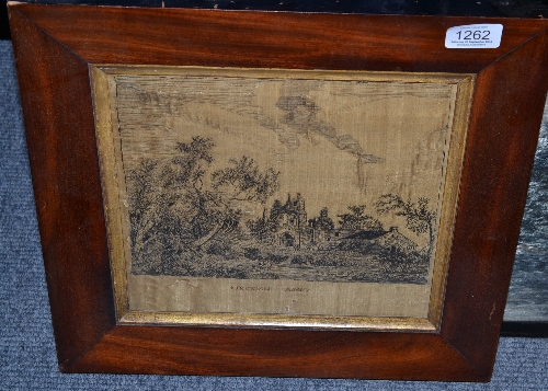 Early 19th century black silk and hair embroidered picture of Kirkstall Abbey, worked on cream silk