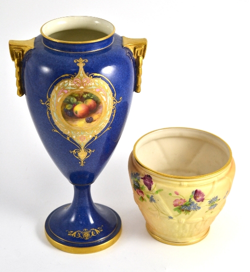 Royal Worcester fruit painted vase on a powder blue ground, 25cm high; and another Royal Worcester