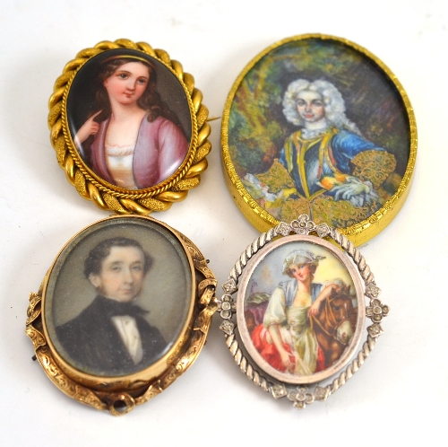 A painted porcelain plaque of a lady, 4.5cm x 3cm; A portrait miniature of a gentleman; Two other (