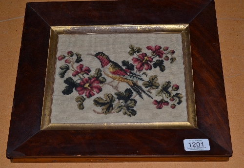 A 19th century woolwork picture of a humming bird amongst a flowering branch in a mahogany frame,