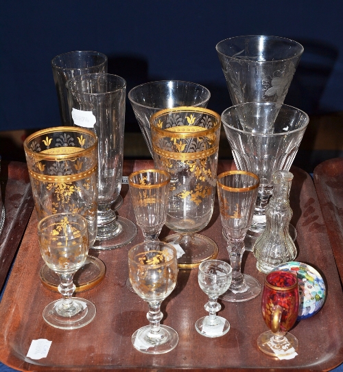 Six various Bohemian gilt decorated drinking glasses, seven other drinking glasses, a small ewer