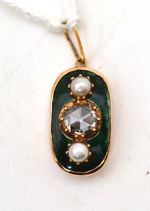 An enamelled, diamond and split pearl pendant, the lozenge shaped drop with a rose cut diamond