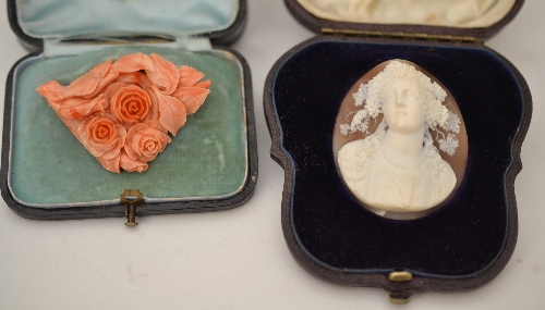 A 19th century carved shell cameo depicting a Bacchante, measures 4.2cm by 5.1cm in a fitted case,