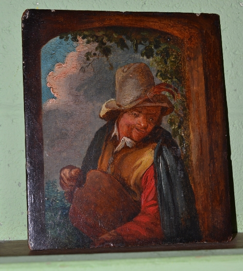 Follower of Van Ostade (18th/19th century) Peasant carrying a flagon, oil on panel, 20cm by 17.5cm,