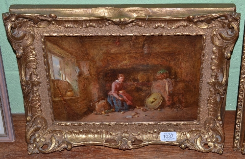 Alfred Provis, A young girl feeding chickens in a cottage interior, signed, oil on panel, 22cm by