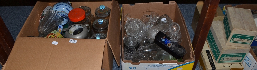 Quantity of assorted household china, glassware, brass pan, copper jug, etc