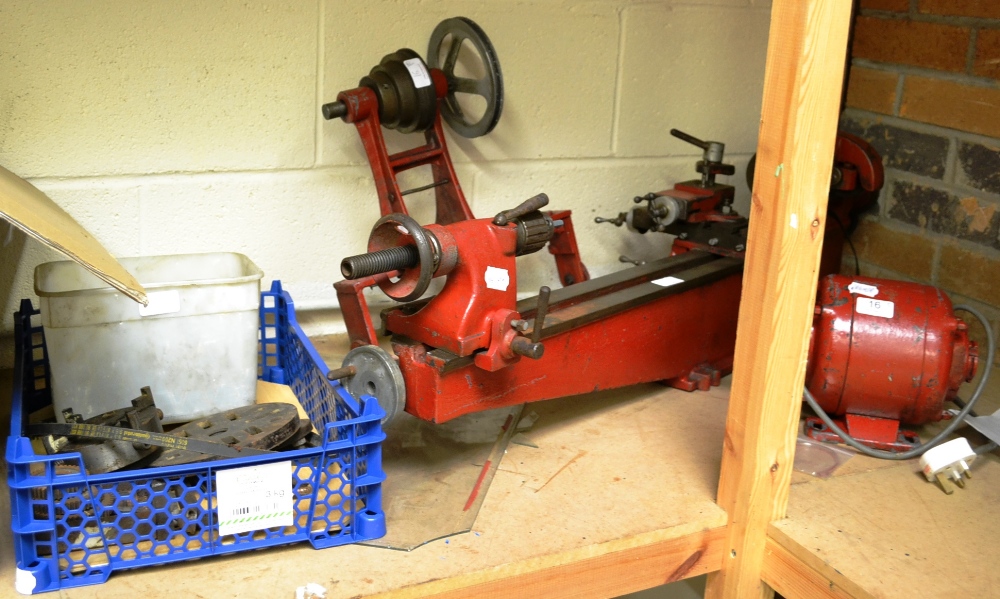 Myford Models Makers Lathe ML3 (c1935) red, together with various associated fittings