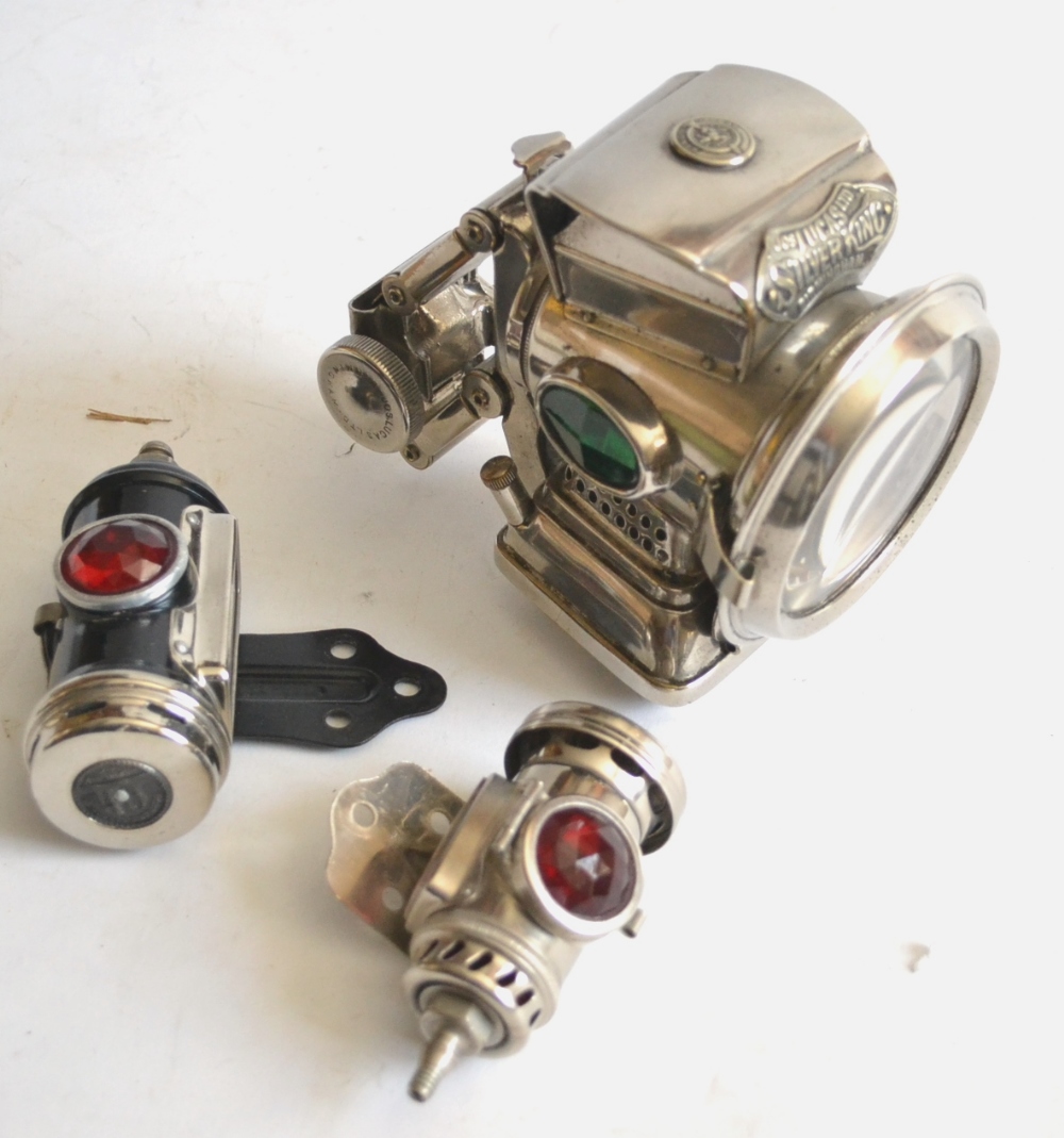 Lucas (Birmingham) Silver King Bicycle Headlamp and two side lights (all G-E) (3)