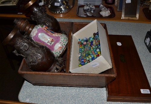 A wooden trug, Chinese famille rose oil lamp base (converted), pair of Japanese vases, five piece