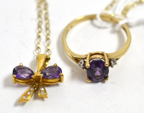 A 9ct gold amethyst and diamond pendant on chain and a 9ct gold amethyst and diamond ring