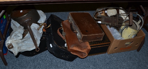 A collection of bags, a three piece companion set, pair of firedogs, metalware, tools, games etc