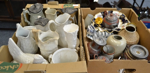 Two boxes including assorted Victorian water jugs, tea and dinner wares, a pewter mounted Yixing