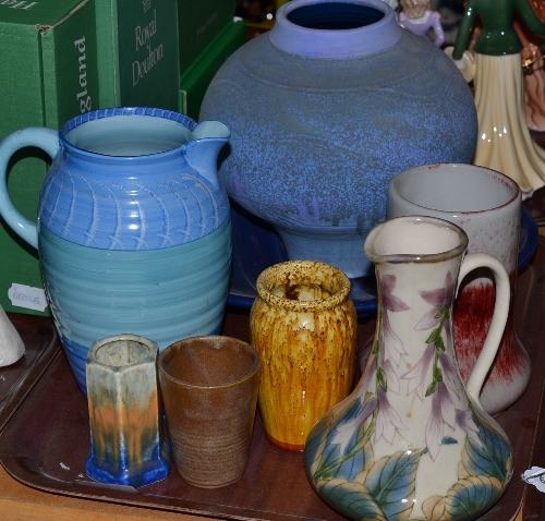 A Corbridge pottery jug and vase, Ruskin pottery vase, Shelley jug and four other pieces (8)