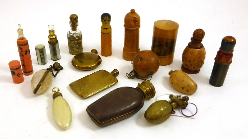 Assorted Brass, Treen, Leather and Shell Mounted Scent Bottles, Vials etc (16)