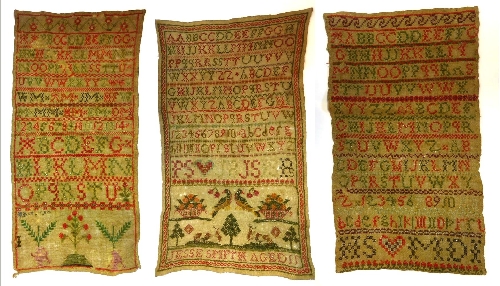 19th Century Unframed Alphabet Sampler by Jesse Smith Aged 10, worked in cross stitch primarily in