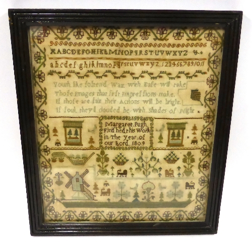 Alphabet Sampler Worked by Margaret Pugh, 1809, in silk cross stitch with religious verse and