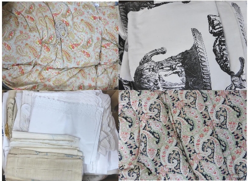 Assorted White Linen and Textiles, table linen, bed linen, embroidered linen; lengths of modern