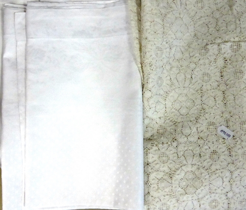 Assorted Linen and Textiles including three damask cloths, two white sheets bearing the CC41 label,