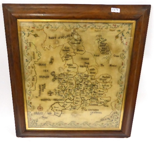 Embroidered Map Sampler of England and Wales Worked by Maria Kelk, Aged 9, 1796, worked in cross