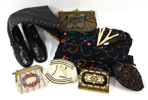 Assorted Early 20th Century Costume Accessories including a black silk Chinese shawl embroidered in