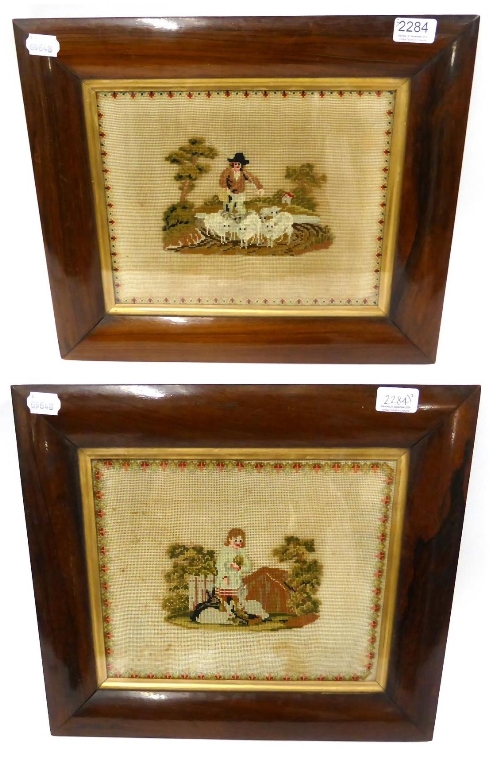 Pair of 19th Century Wool Work Pictures depicting young children with rabbits and sheep within a