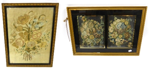 Two Early 19th Century Silk Embroidered Floral Pictures depicting ribbon hand tied bouquets of