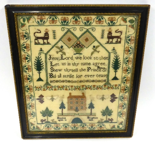 Sampler Worked by Elizabeth Boughton, Aged 11, 1822, with central religious verse flanked by two