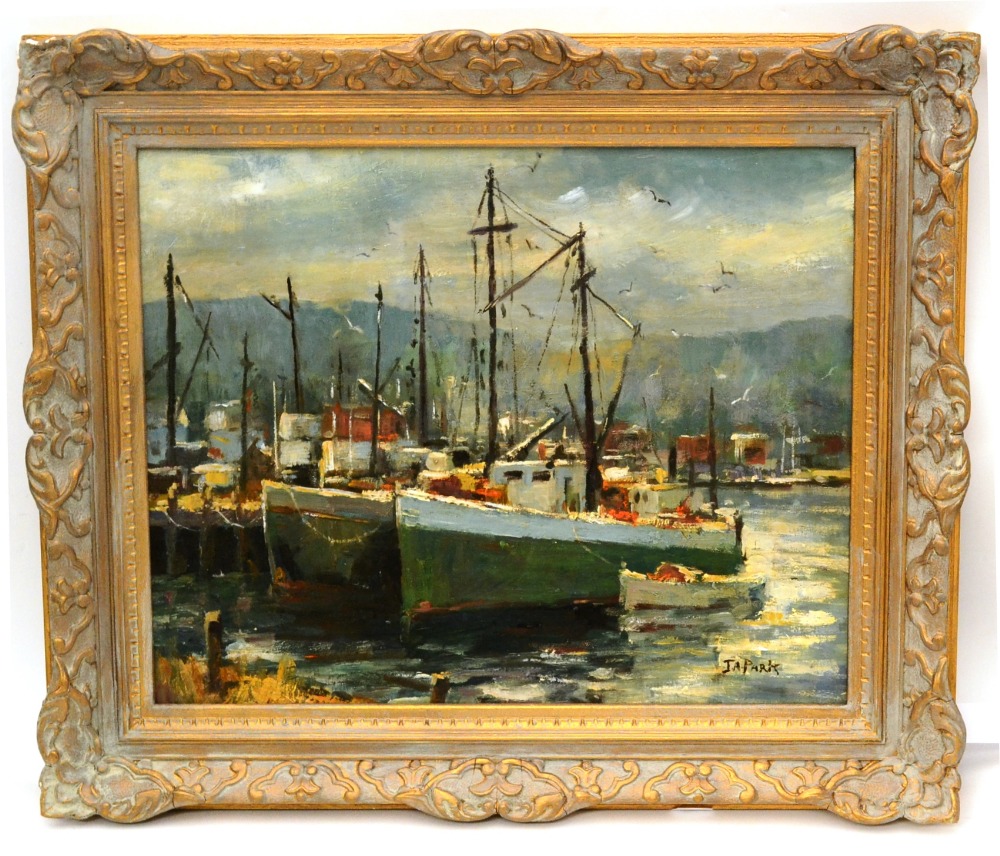 Circle of John Anthony Park (1880-1962)
Harbour scene
Signed, oil on board, 39cm by 49cm