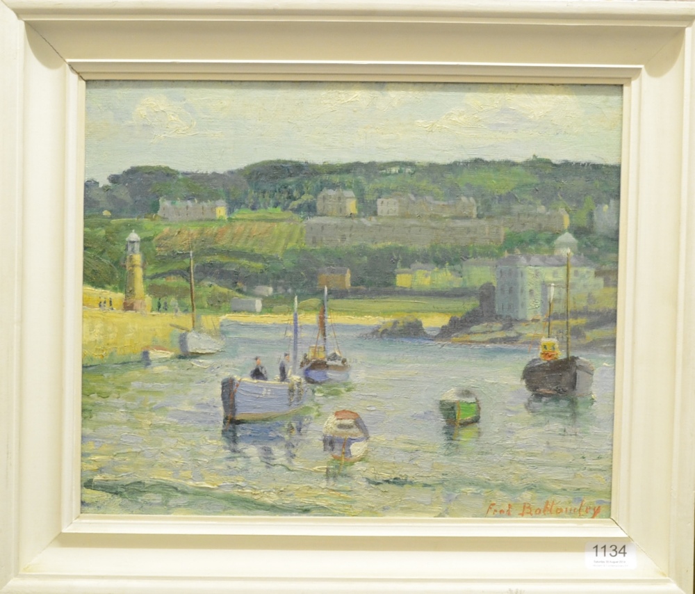 Fred Bottomley (1883-1960)
"The Harbour" - St Ives 
Signed, oil on canvas laid on board, 32cm by