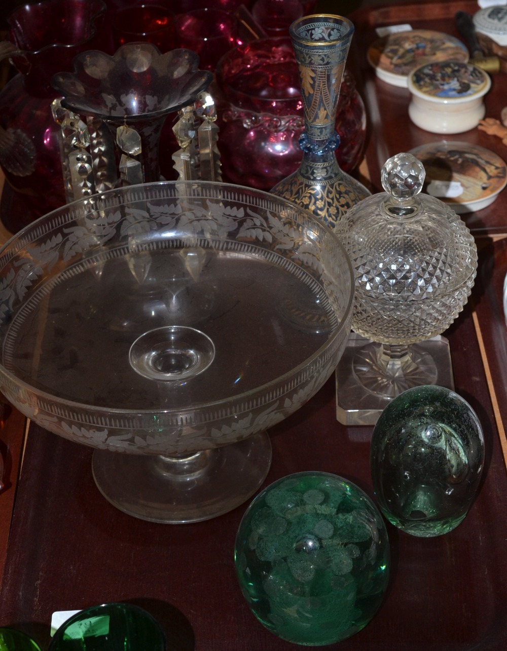 A tray of glass including two Victorian green glass dumps, Continental blue glass and gilt vase,