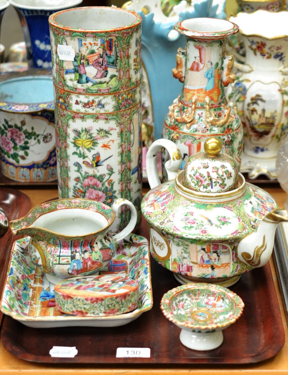 A tray of Canton ware including a rectangular dish, a cylindrical vase, teapot (lacking original