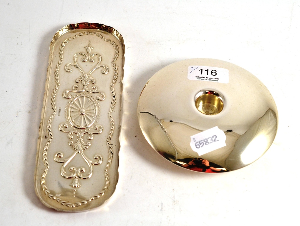 Silver circular candle holder, loaded, original box and a repousse decorated rounded rectangular