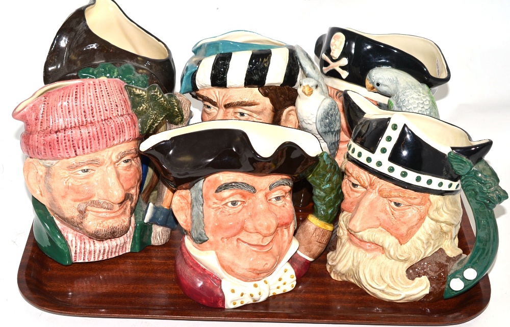 Six large Royal Doulton character jugs - Lumberjack, Robin Hood, Mine Host (a.f.), The Falconer,