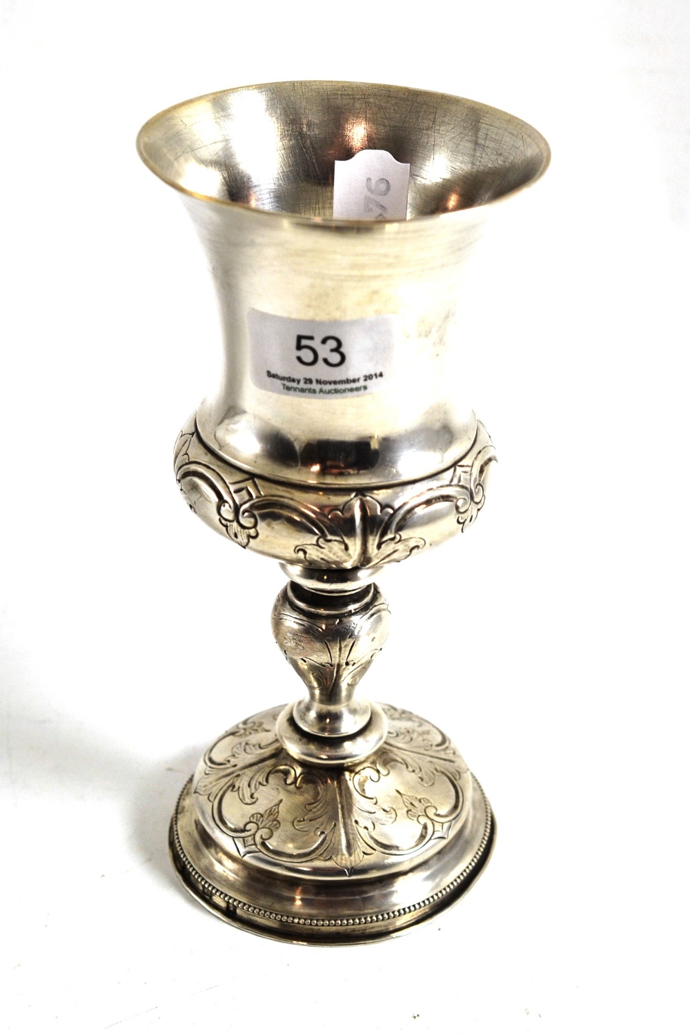 A Russian chalice with baluster stem, bears Russian silver marks