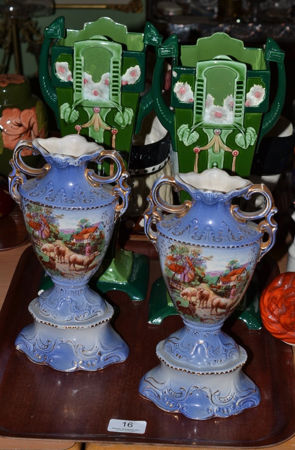 A pair of Eichwald Art Nouveau vases and a pair of Staffordshire vases (a.f.)