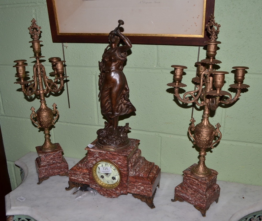 A marble and figural clock garniture