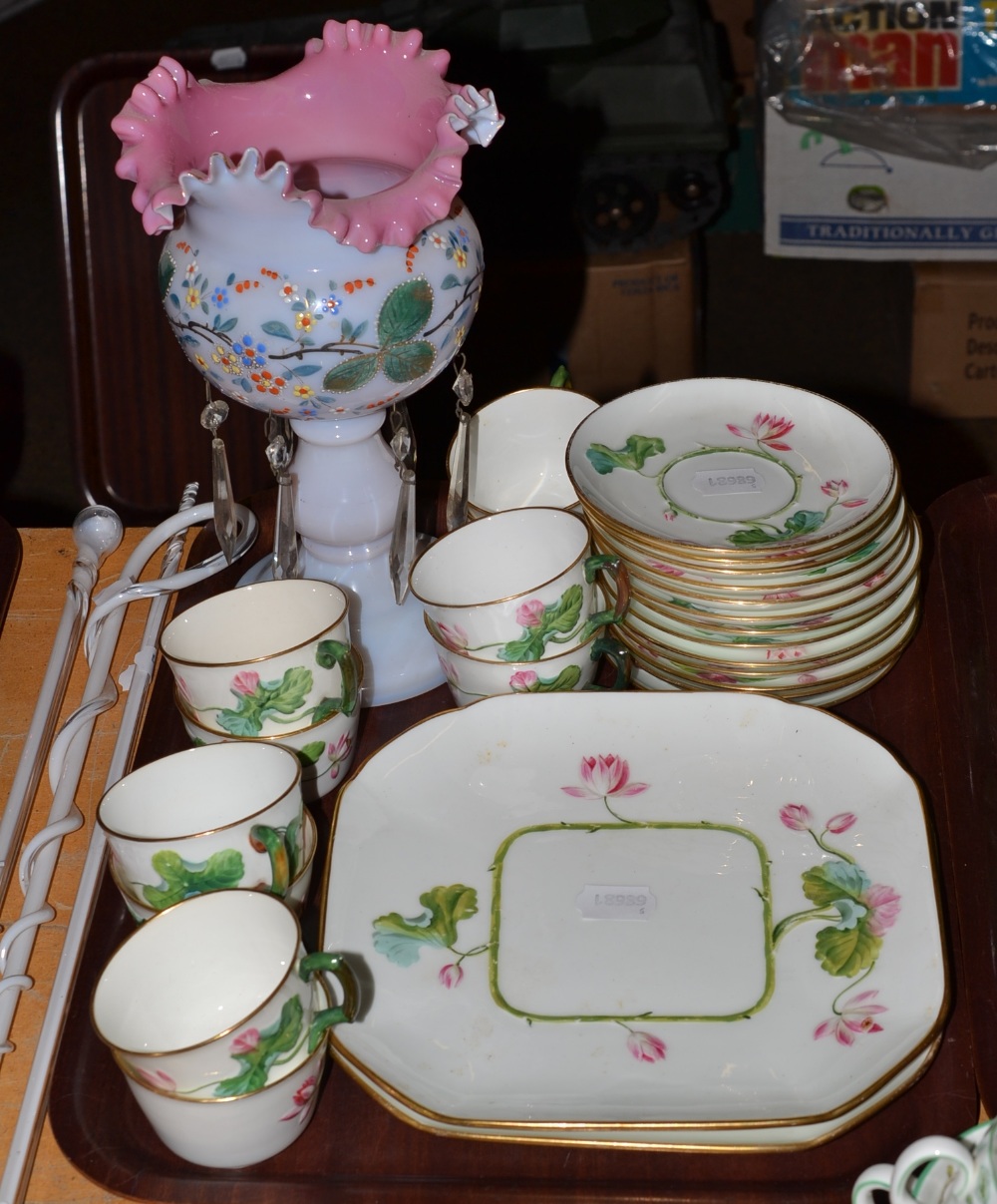 Minton tea set, lustre, two glass riding crops and a glass crook