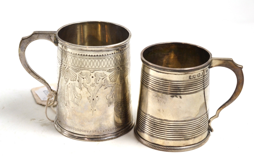 Two silver christening mugs, London 1873 and London 1828