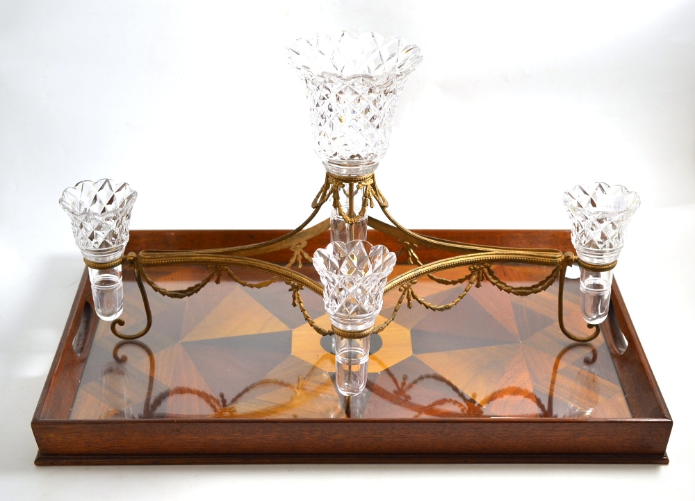 Cut glass and gilt metal table centrepiece and a parquetry tray