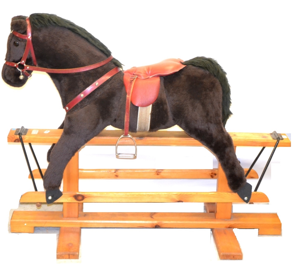 Pegasus Of Crewe Rocking Horse plush covered with leather padded saddle, on wooden rocker 47``,