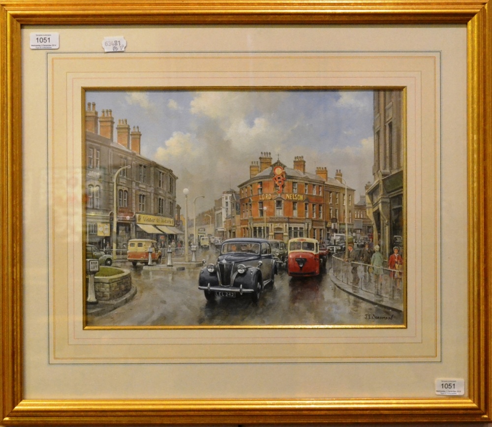 John Lewis Chapman (b.1946) Street scene depicting the Lord Nelson public house Blackburn Signed,