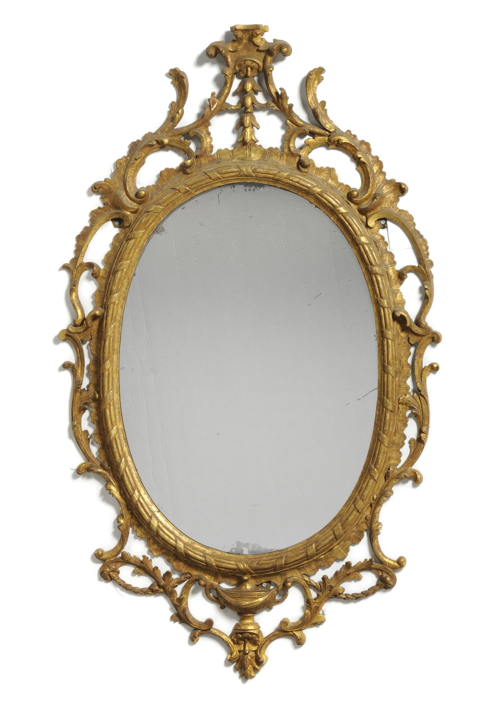 A George III Carved Giltwood Oval Wall Mirror, 3rd quarter 18th century, the moulded frame