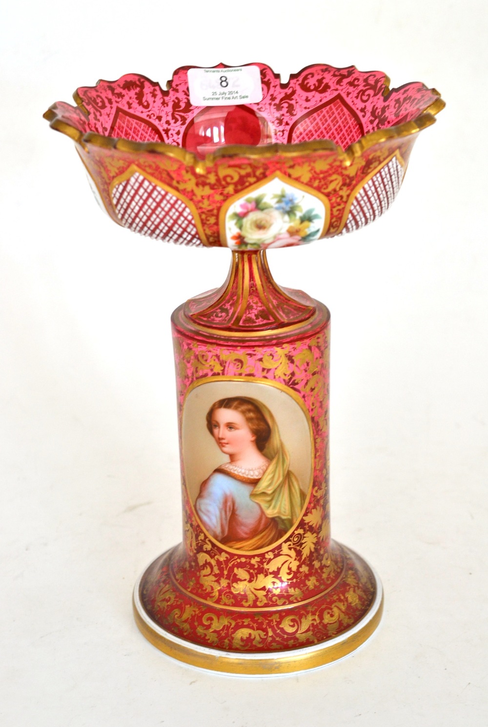 A Bohemian Ruby and White Overlay Glass Centrepiece Bowl, circa 1870, the flared circular bowl cut