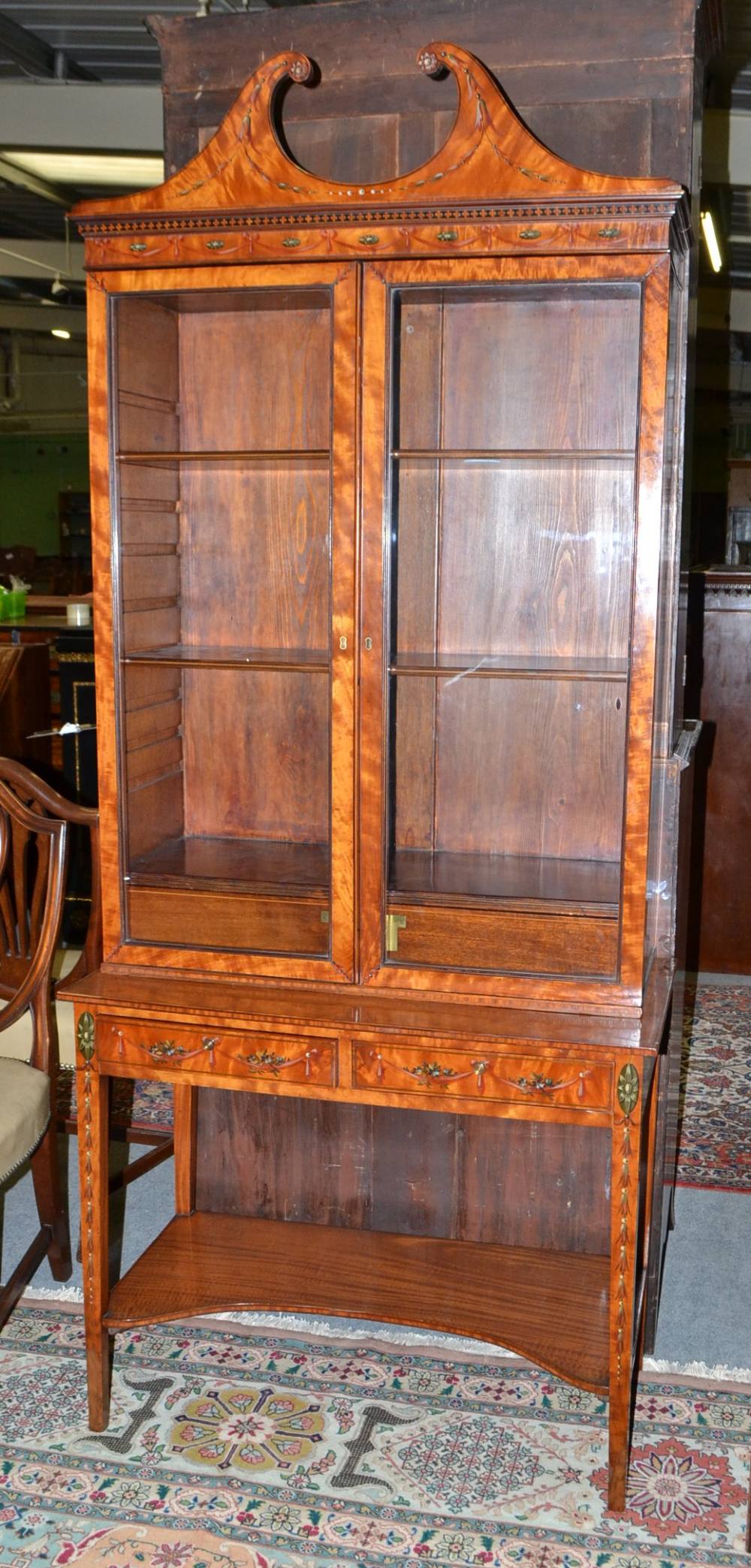 An Edwardian Satinwood and Polychrome Decorated Display Cabinet, early 20th century, painted with