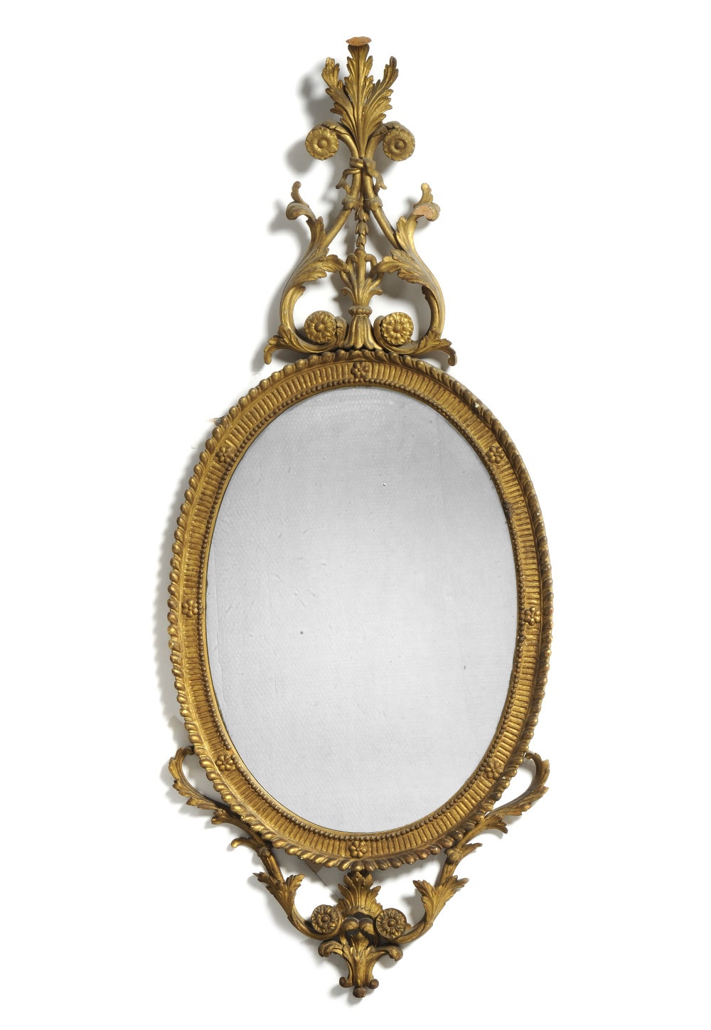 A George III Carved Giltwood and Gesso Oval Wall Mirror, in Adam Style, late 18th century, the