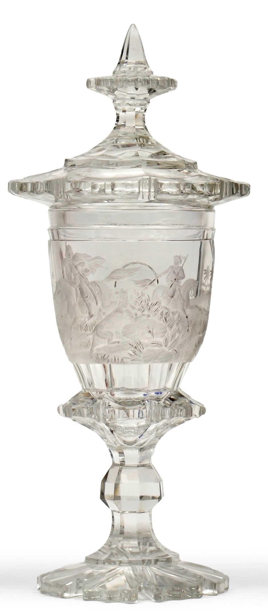 A Bohemian Glass Goblet and Cover, mid 19th century, with minaret finial, the ovoid body engraved