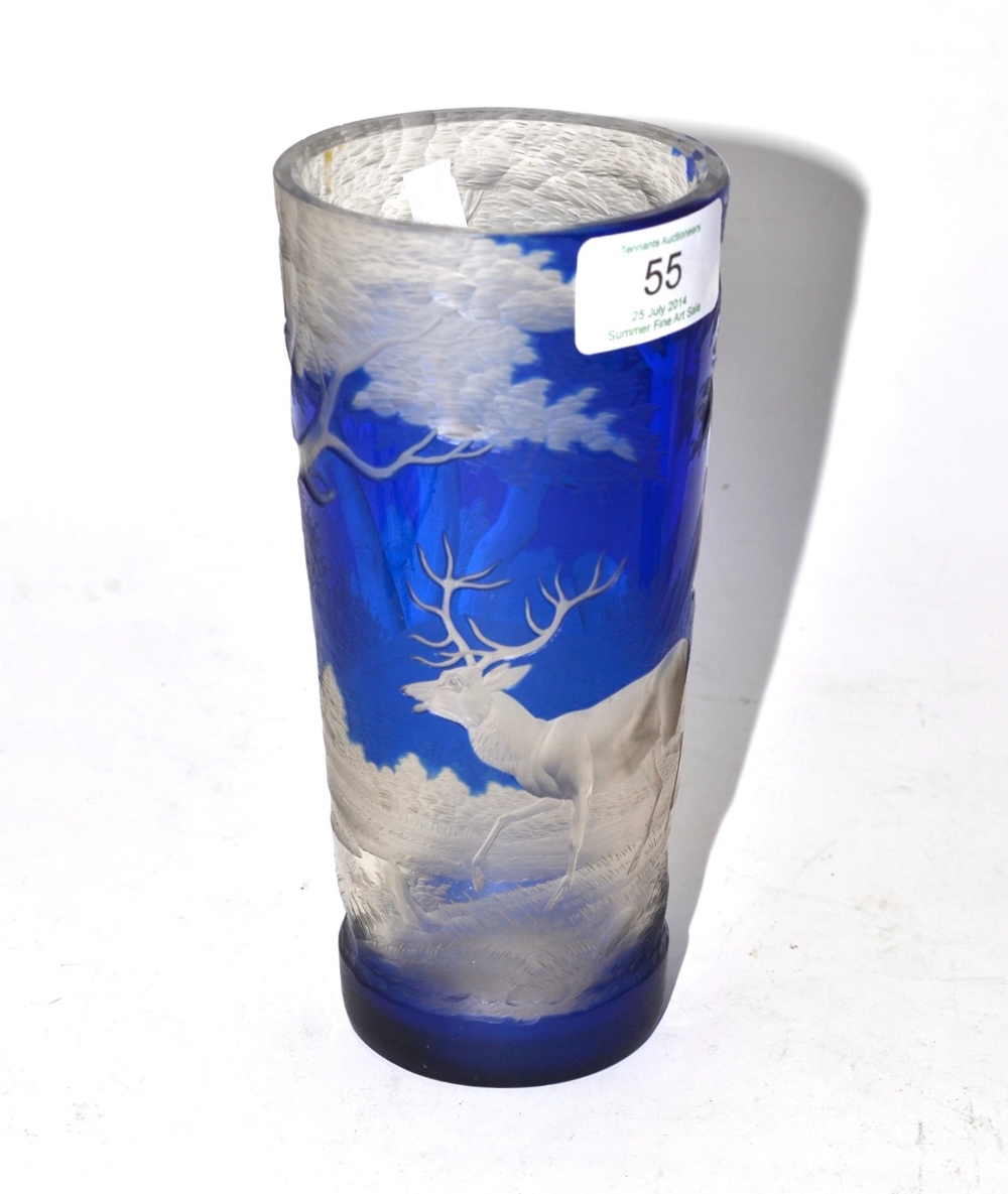 A Bohemian Blue Overlay Clear Glass Beaker, mid 19th century, of slightly flared cylindrical form,