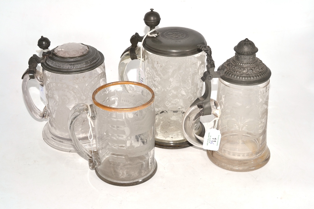 A Bohemian Pewter Mounted Glass Tankard, dated 1780, of cylindrical form with ball knop, engraved