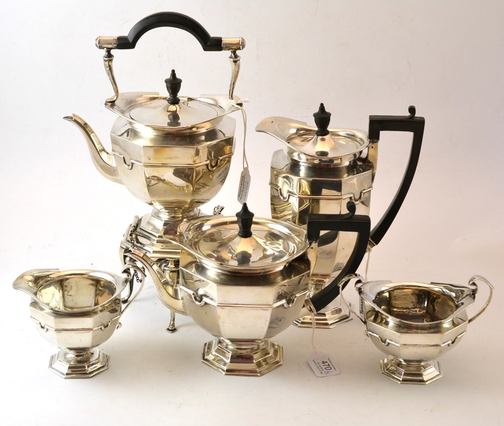 A Composite Silver Five Piece Tea Service, Roberts & Belk, Sheffield 1909 & 1914, comprising kettle