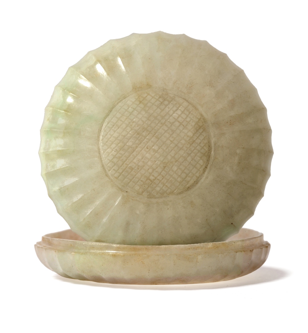 A Chinese Jade Circular Box and Cover, Qing Dynasty, of fluted form with central hatched panel, 5.